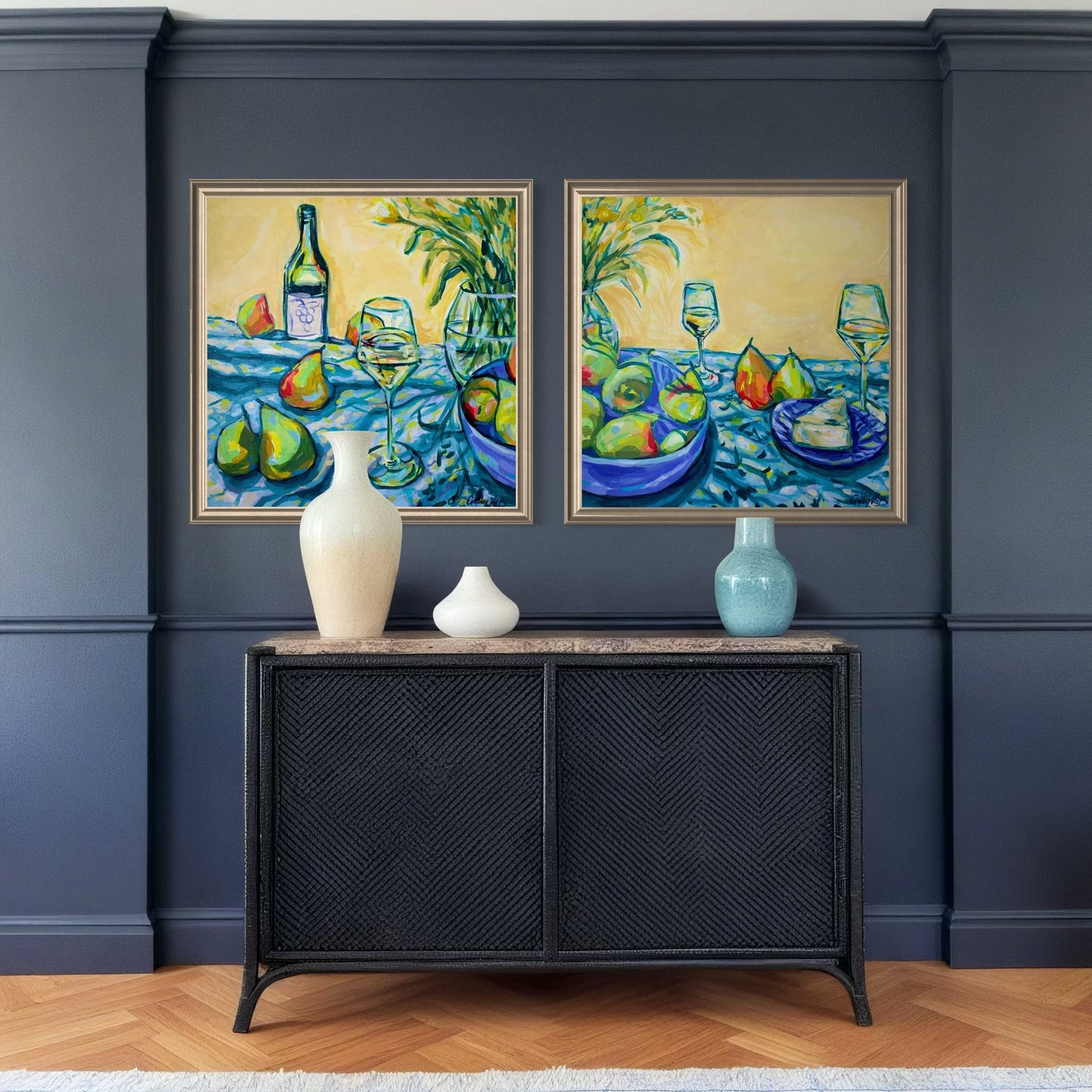 Original oil paintings by South African artist Gabby VdB displayed in a styled interior setting