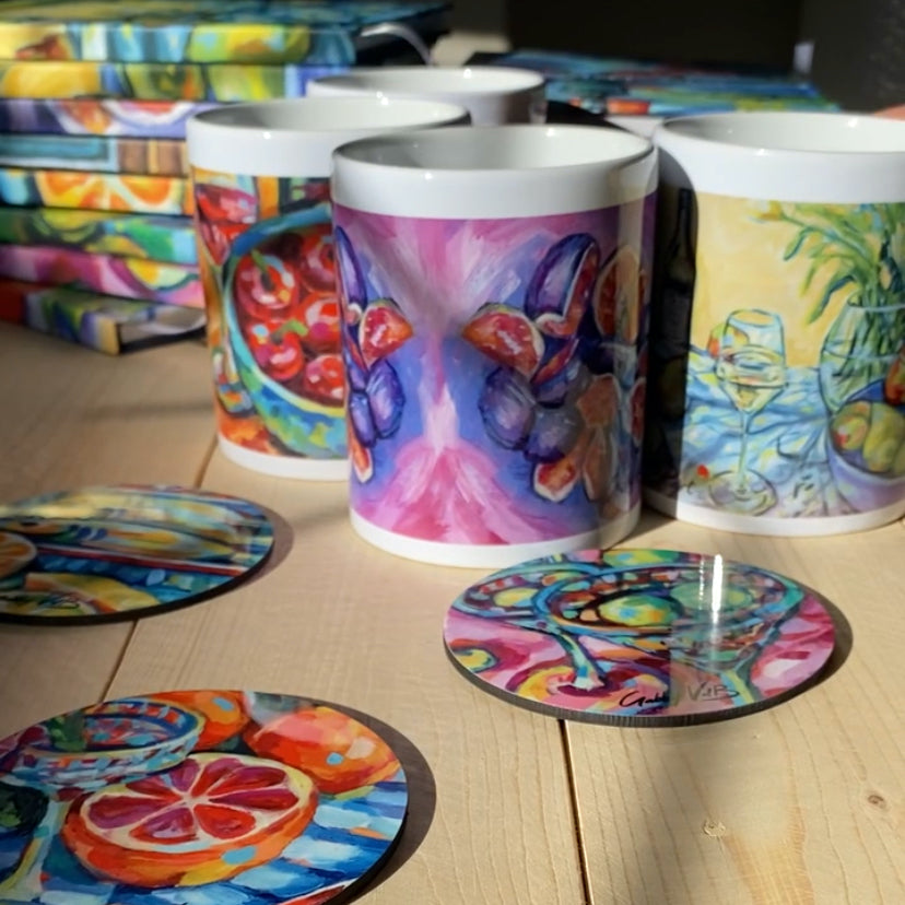 Art coasters featuring Tablescape designs by South African artist Gabby VdB